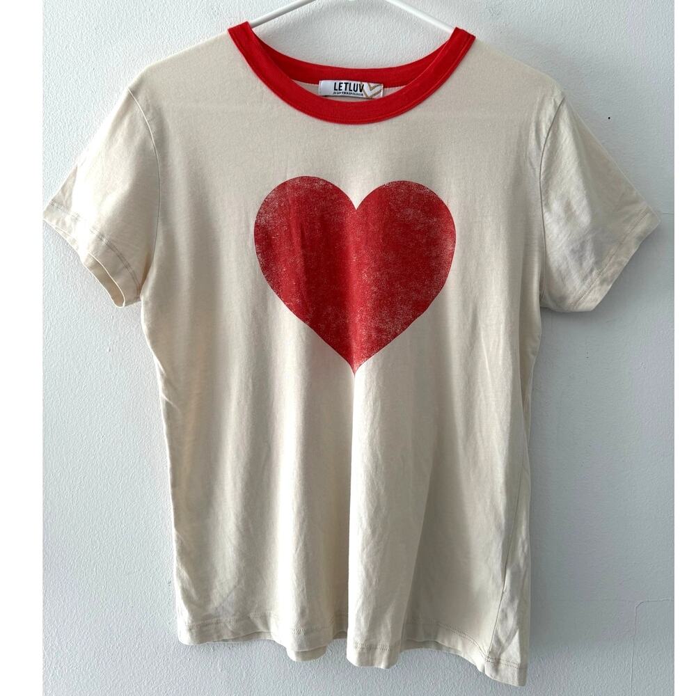 Anthropologie LETLUV Cream and Red Heart Tee size Large Excellent LN Condition